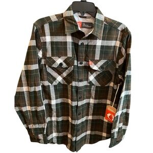 Flannel Shirt Mens Small Olive/White/Gray Plaid The American Outdoorsman NWT
